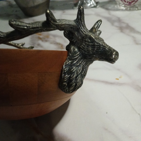 Rustic  Pewter Stag Head Handles Wooden Salad Bowl Western Hunting decor - Picture 12 of 15